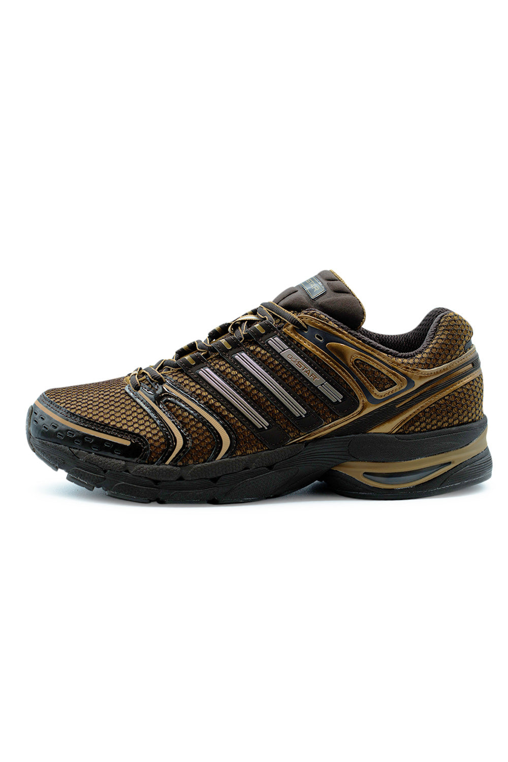 Adidas Adistar Control 5 Bronze Strata Aurora Coffee sneaker side view with metallic overlays, breathable mesh upper and TORSION System stability in a retro Y2K running shoe design