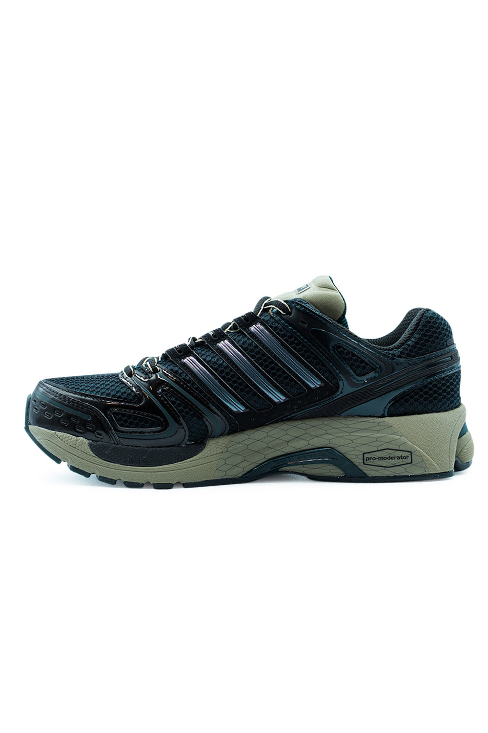 Side view of Adidas Adistar Control 5 Cloud White Core Black Aurora Ivy with technical mesh construction, TORSION stability system, ADIPRENE+ forefoot cushioning and retro Y2K running aesthetic