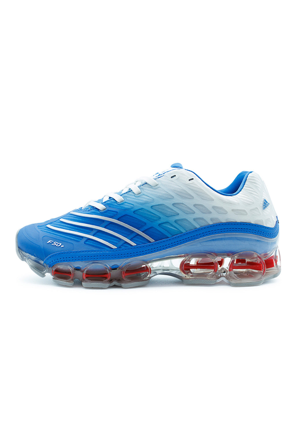 Adidas Megaride F50 sneaker in Blue Bird, Silver Metallic and Cloud White featuring football-inspired F50 design, breathable mesh upper and futuristic Megaride cushioning for modern streetwear style