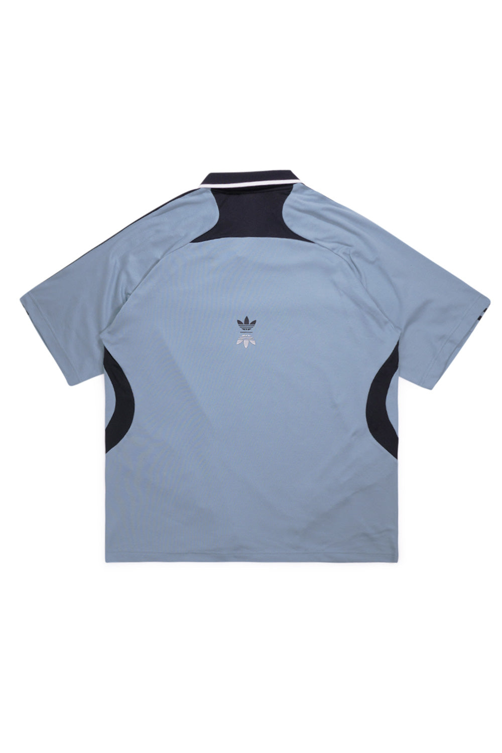 Back view of adidas Metalwood Studio polo Green Earth with relaxed silhouette, mesh ventilation inserts, recycled cotton polyester blend and subtle adidas Trefoil logo on the upper back