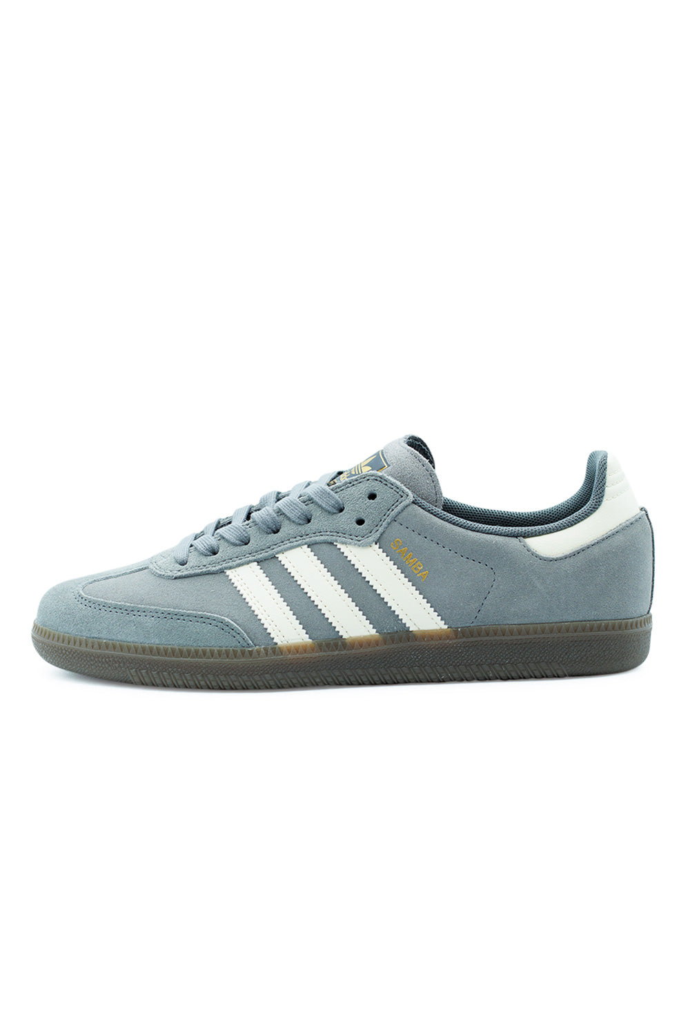 Adidas Samba ADV Grey Four skate shoe with suede upper and cream white stripes – premium low-profile skateboarding sneaker side view.