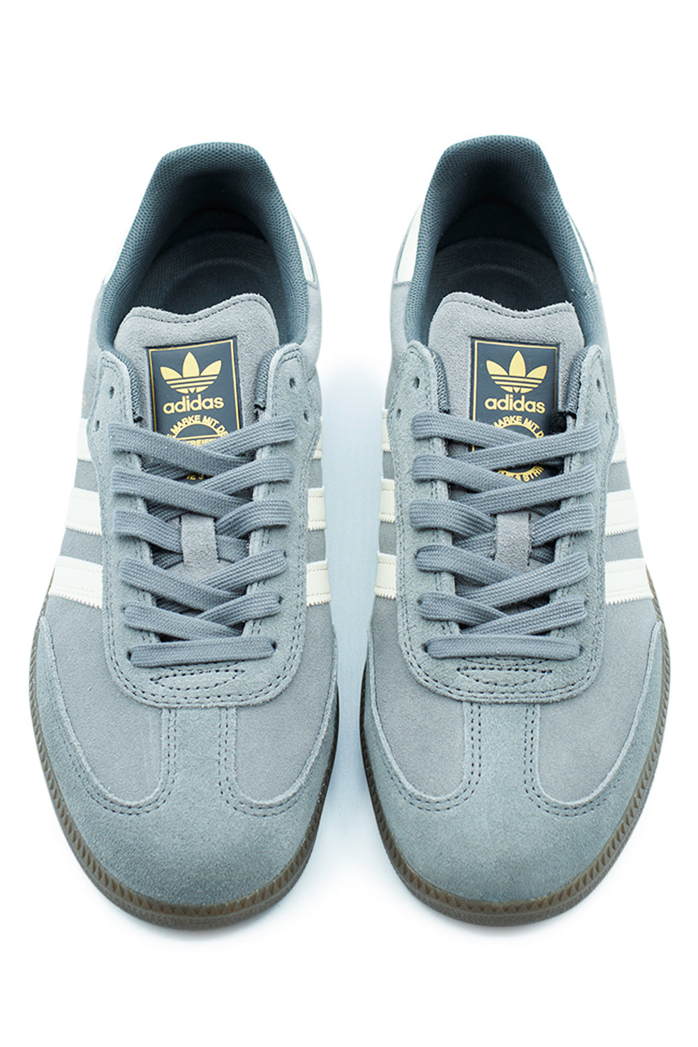 Top view of Adidas Samba ADV in Grey Four and Cream White showing reinforced Adituff T-toe and padded skateboarding tongue.