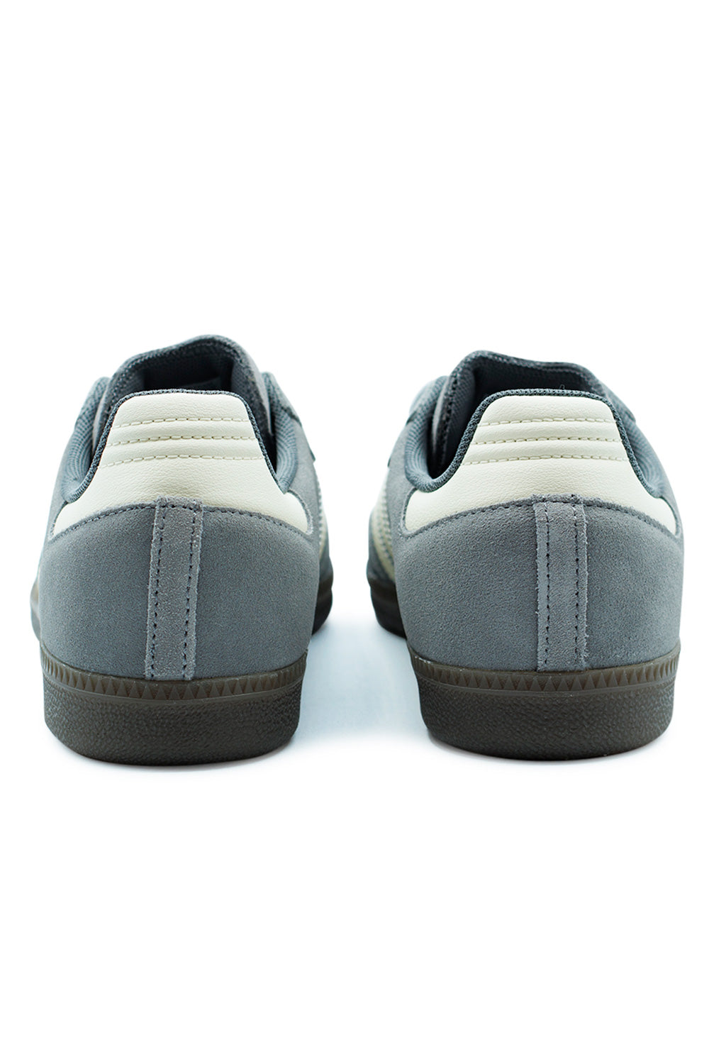 Rear view of Adidas Samba ADV Grey Four / Cream White featuring cushioned heel panel and heritage indoor-soccer inspired construction.