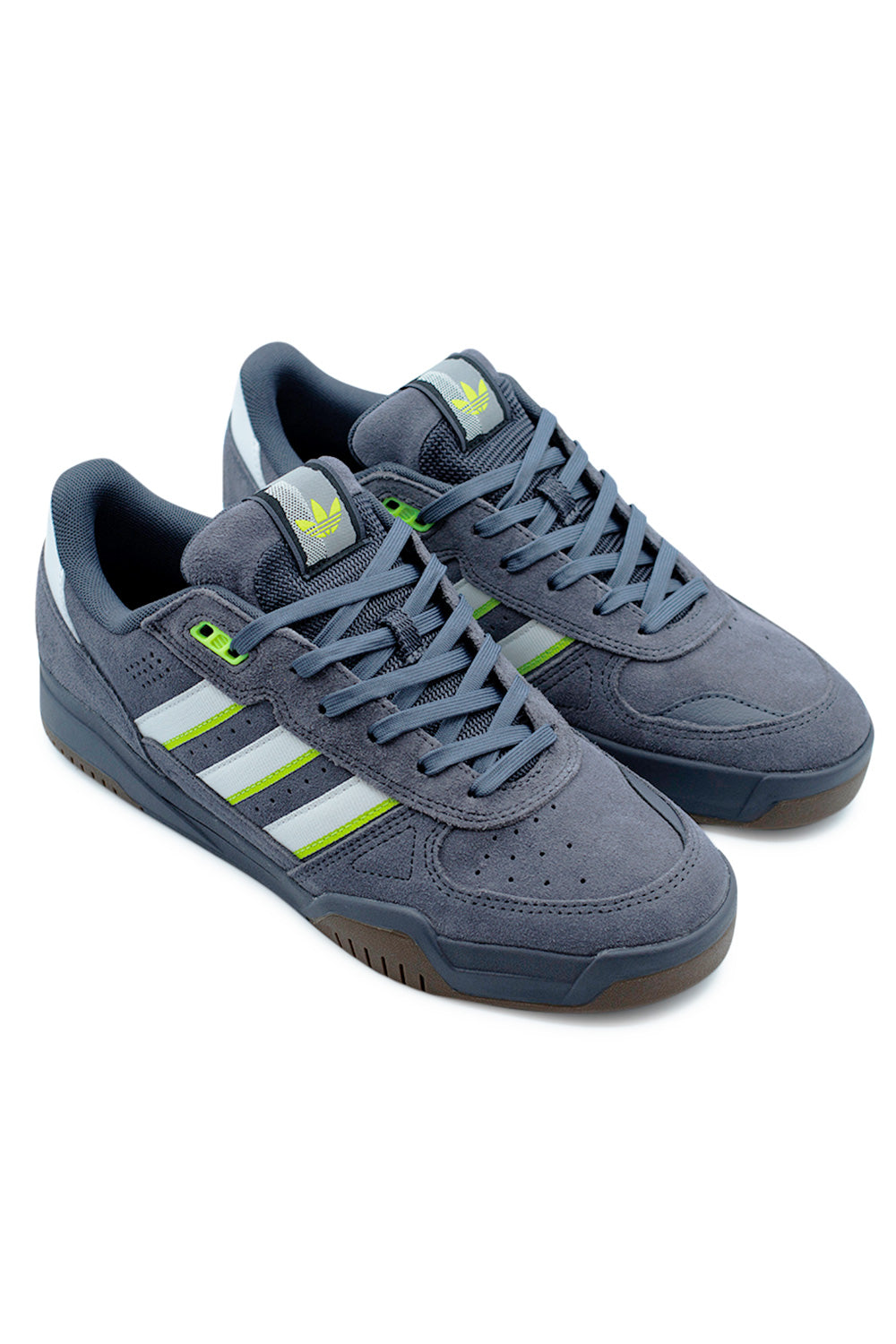 Top-down view of the Adidas Tekkira Cup skate shoe with Cloud White stripes and durable grey suede upper.
