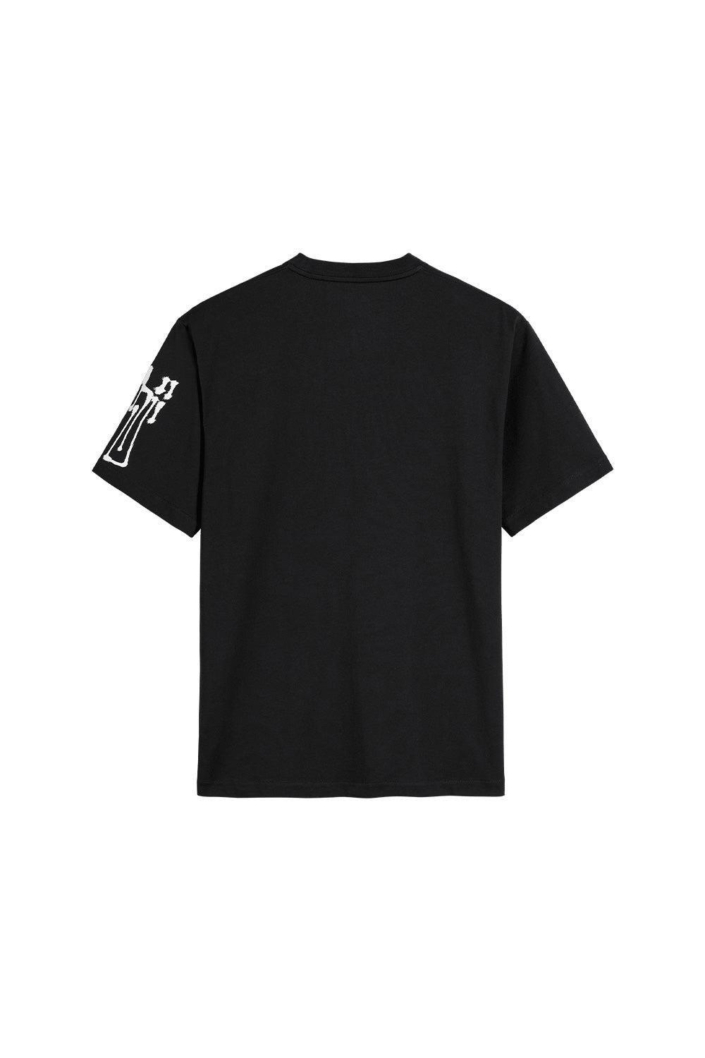 Back view of the plain black regular fit Adidas Y-3 X Chito City Graphic T-Shirt, highlighting the clean neckline seam and the dripping white Yohji graffiti tag visible on the left sleeve hem.
