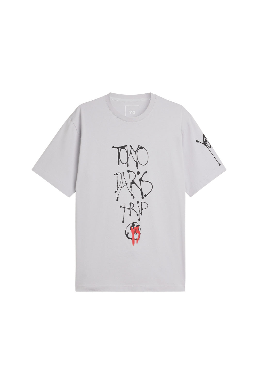 Front view of the limited Adidas Y-3 x Chito City Graphic Short Sleeve Tee in light solid grey cotton jersey, featuring black airbrushed Tokyo Paris Trip tag art and a red sprayed smiley graphic.