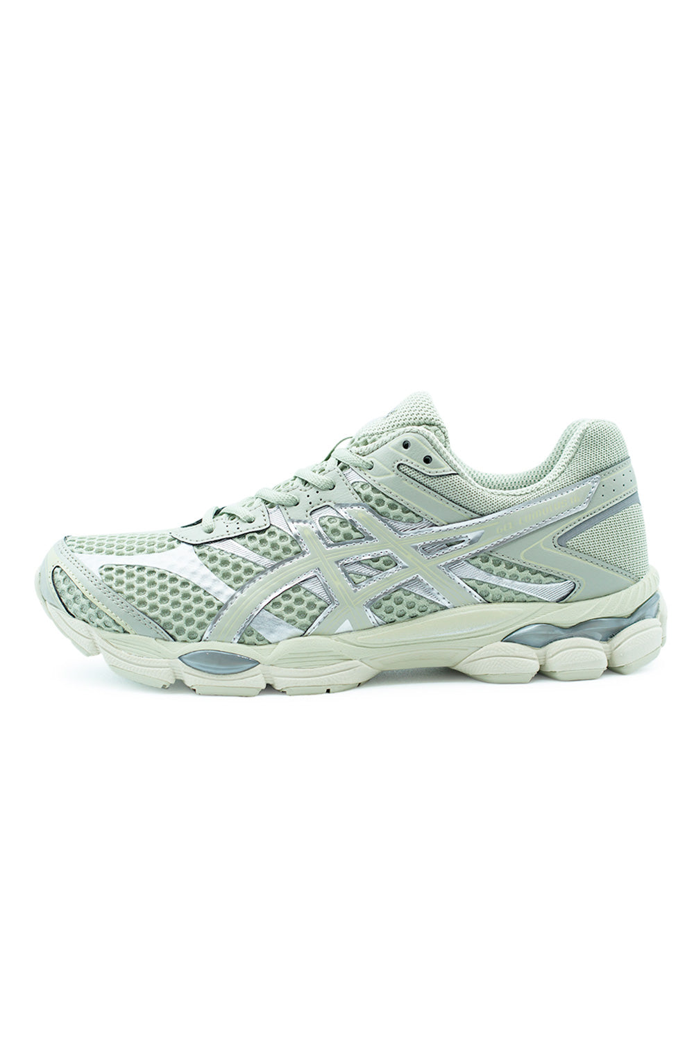 Asics GEL-Cumulus 16 sneaker in Dried Leaf Green side profile showcasing retro 2010s running design with breathable mesh upper, glossy synthetic overlays and full-length GEL cushioning.