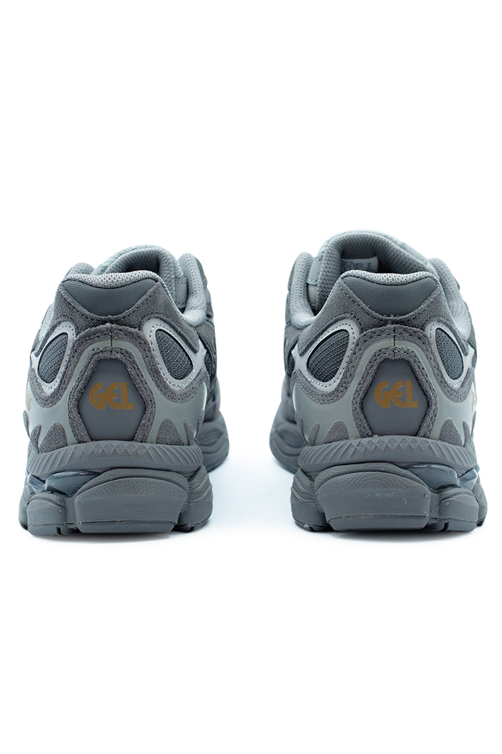 Rear view ASICS GEL-NYC Obsidian Grey showing heel GEL cushioning system, sculpted midsole tooling, and heritage running silhouette influenced by GEL-NIMBUS 3 and GEL-MC PLUS V