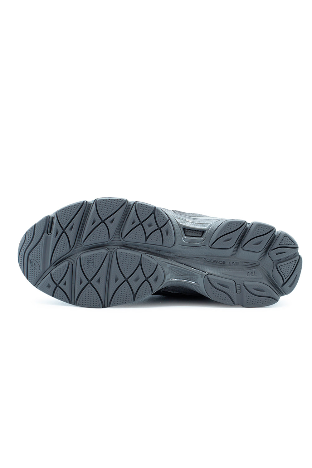 Outsole detail of ASICS GEL-NYC sneaker in Obsidian Grey featuring traction tread pattern, stability guidance lines, and shock-absorbing sole built for daily movement