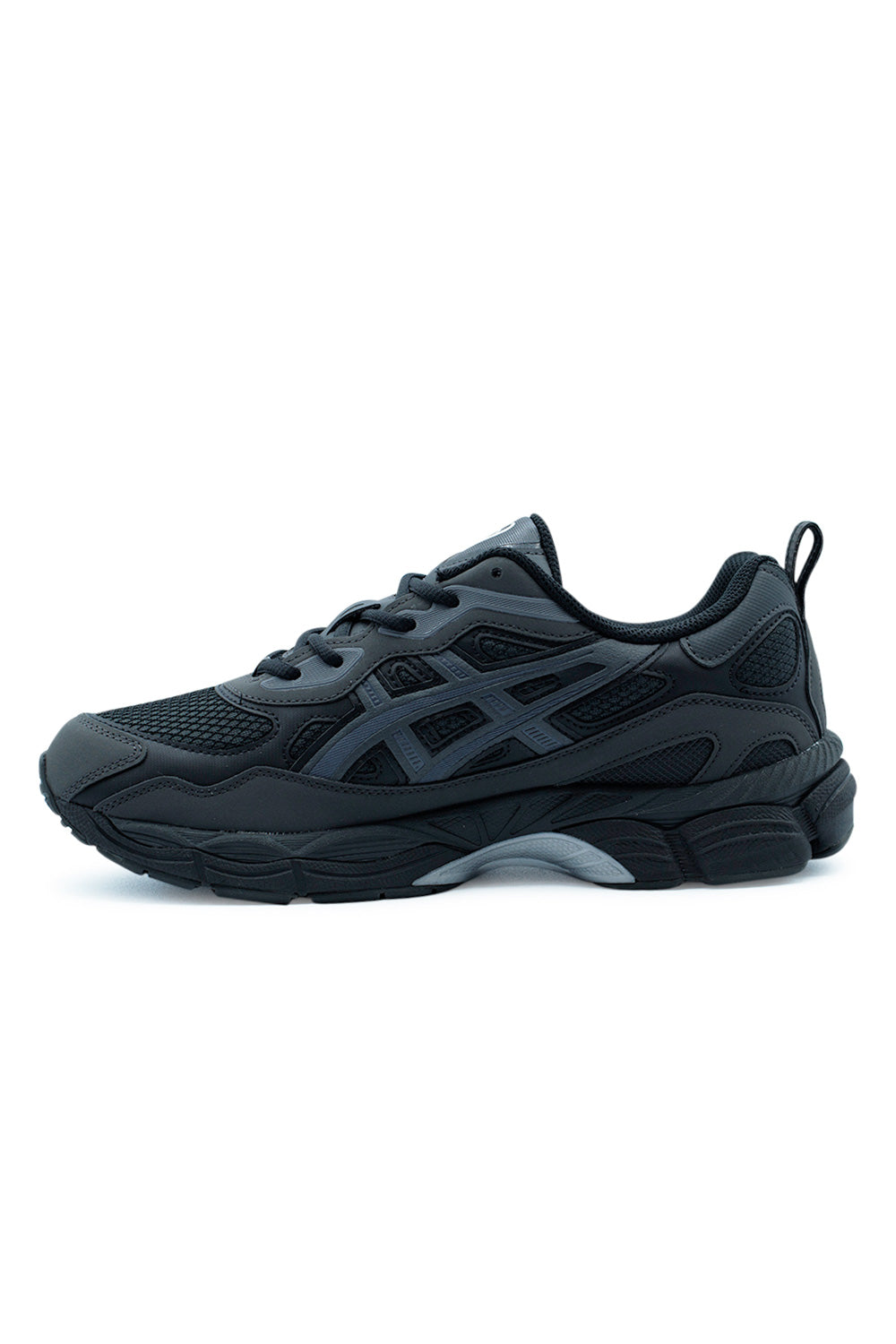 Side profile of the Asics GEL-NYC RGD in Black and Graphite Grey emphasizing the technical running aesthetic, durable synthetic leather structure and shock-absorbing GEL technology.