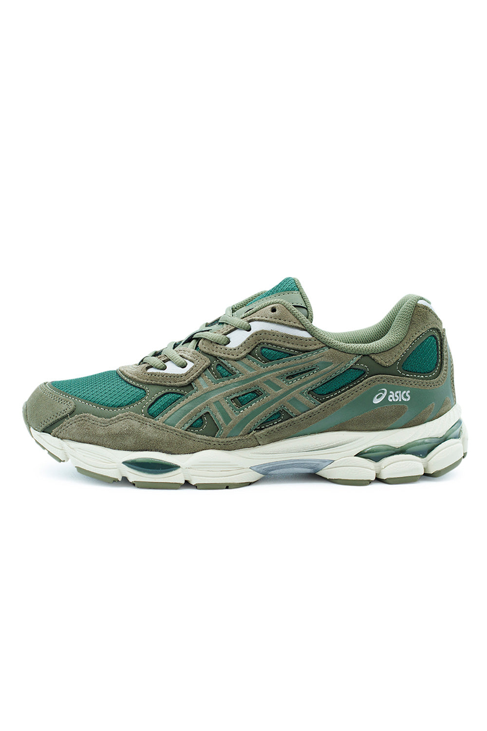 ASICS GEL-NYC Grove Olive Canvas, retro running sneaker with suede and mesh upper and GEL-CUMULUS 16 cushioning for everyday comfort.