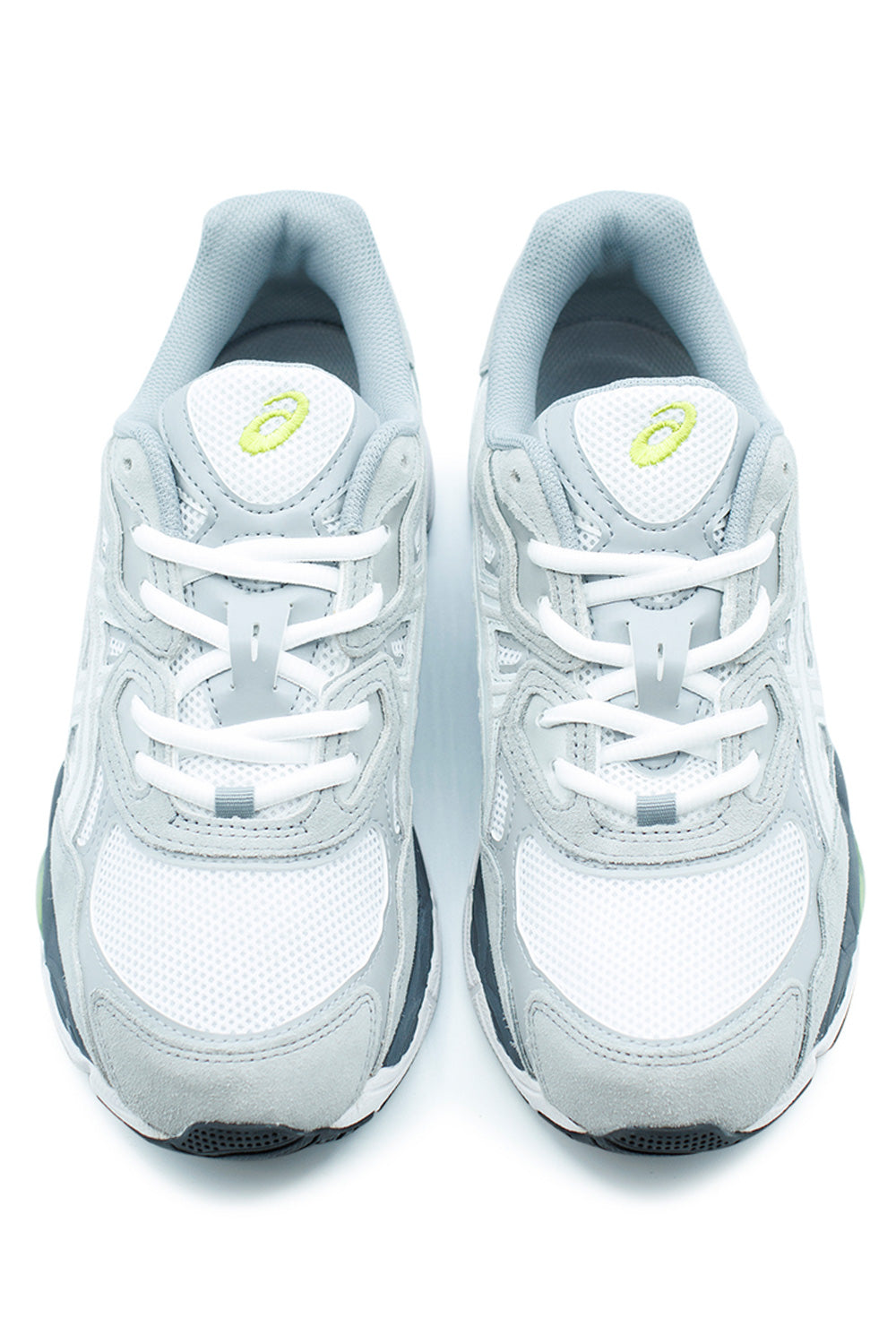 Top view of ASICS GEL-NYC White Glacier Grey, lightweight lifestyle sneaker merging 2000s running aesthetics with modern GEL heel and forefoot support.