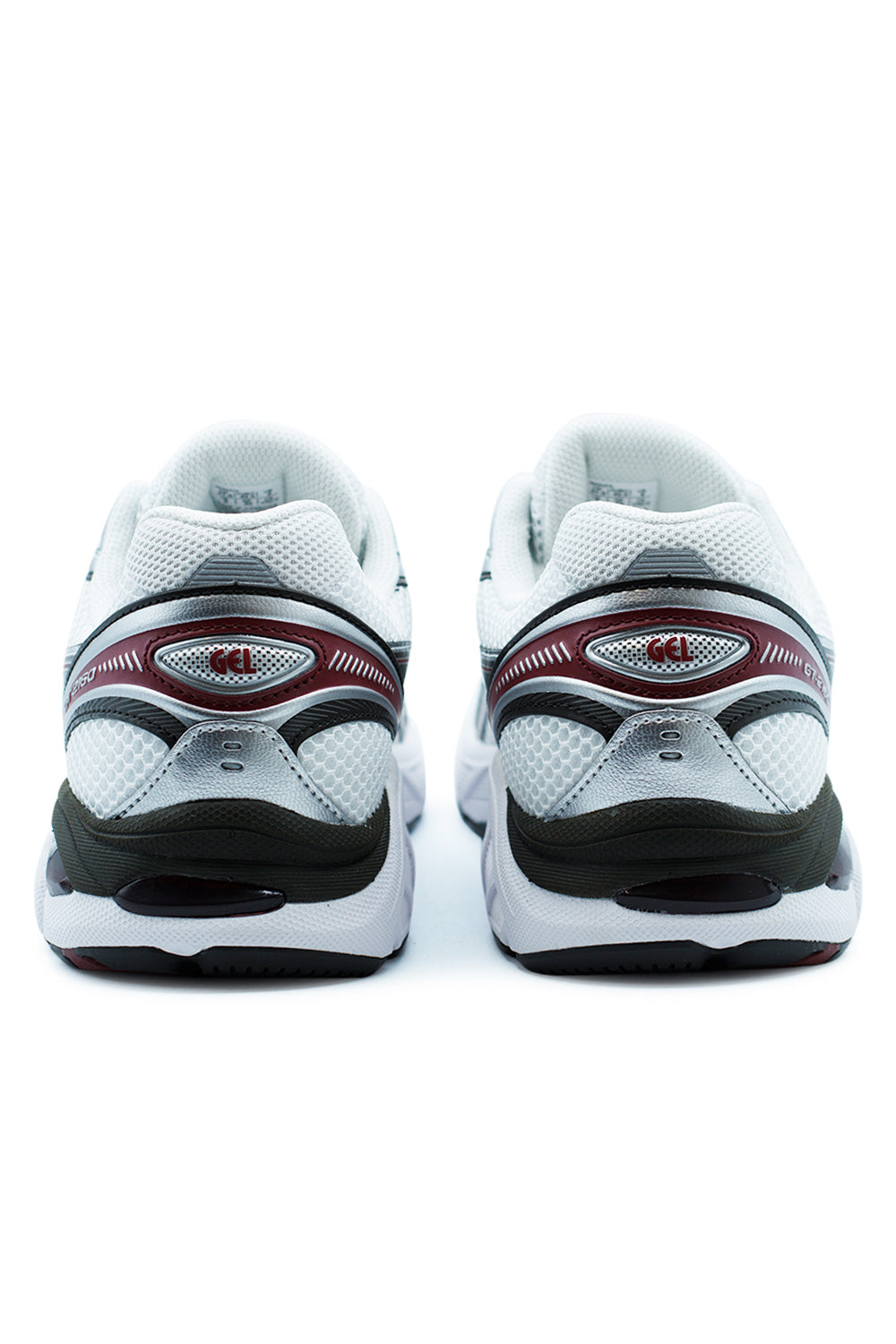 Heel view of ASICS GT-2160 White Oxblood runner highlighting rearfoot GEL cushioning, stability-focused heel counter, and oxblood accent detailing.