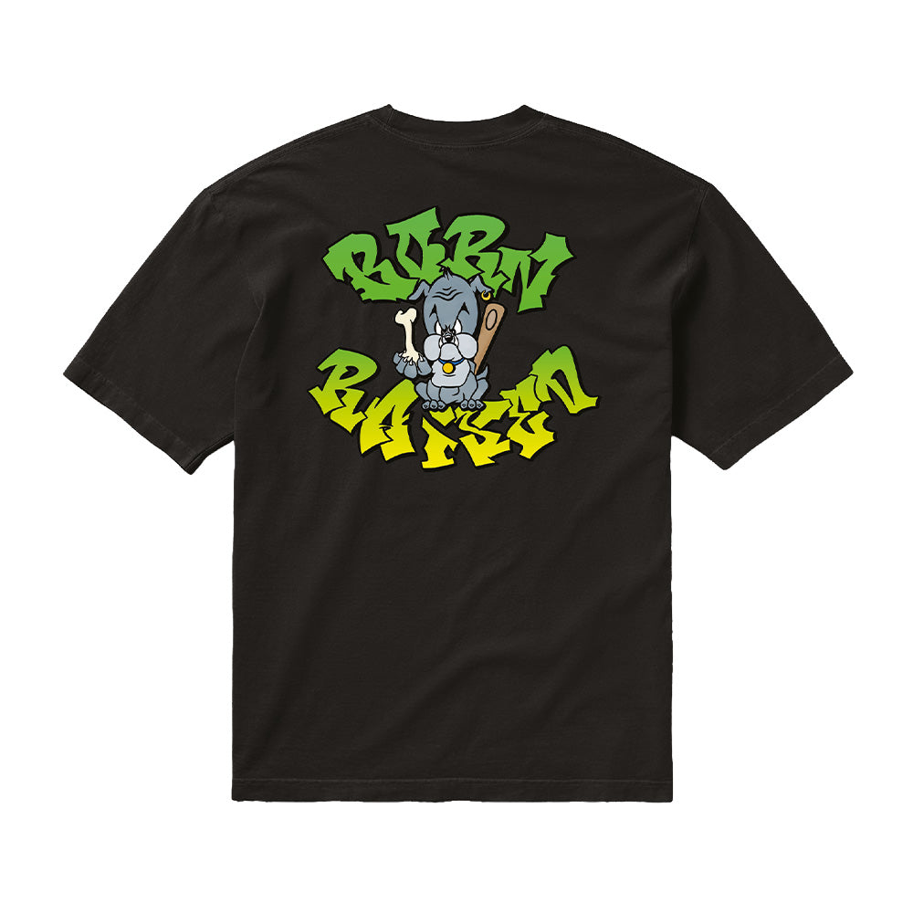 Back flat lay studio view of the Born X Raised Puppy T-Shirt in washed black, featuring a relaxed boxy streetwear fit cut from heavy cotton jersey, centered by an oversized colorful cartoon screen print of a tough grey bulldog puppy holding a bone and baseball bat, framed by green-to-yellow gradient graffiti cholo rocker lettering reading "BORN RAISED".