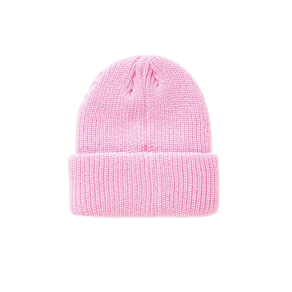 Back flat lay studio perspective of the light pink BoTT Bones Cuff Beanie, highlighting the thick textured waffle-rib knit pattern, clean unbranded folded cuff rim, and a four-dart gathered crown construction.