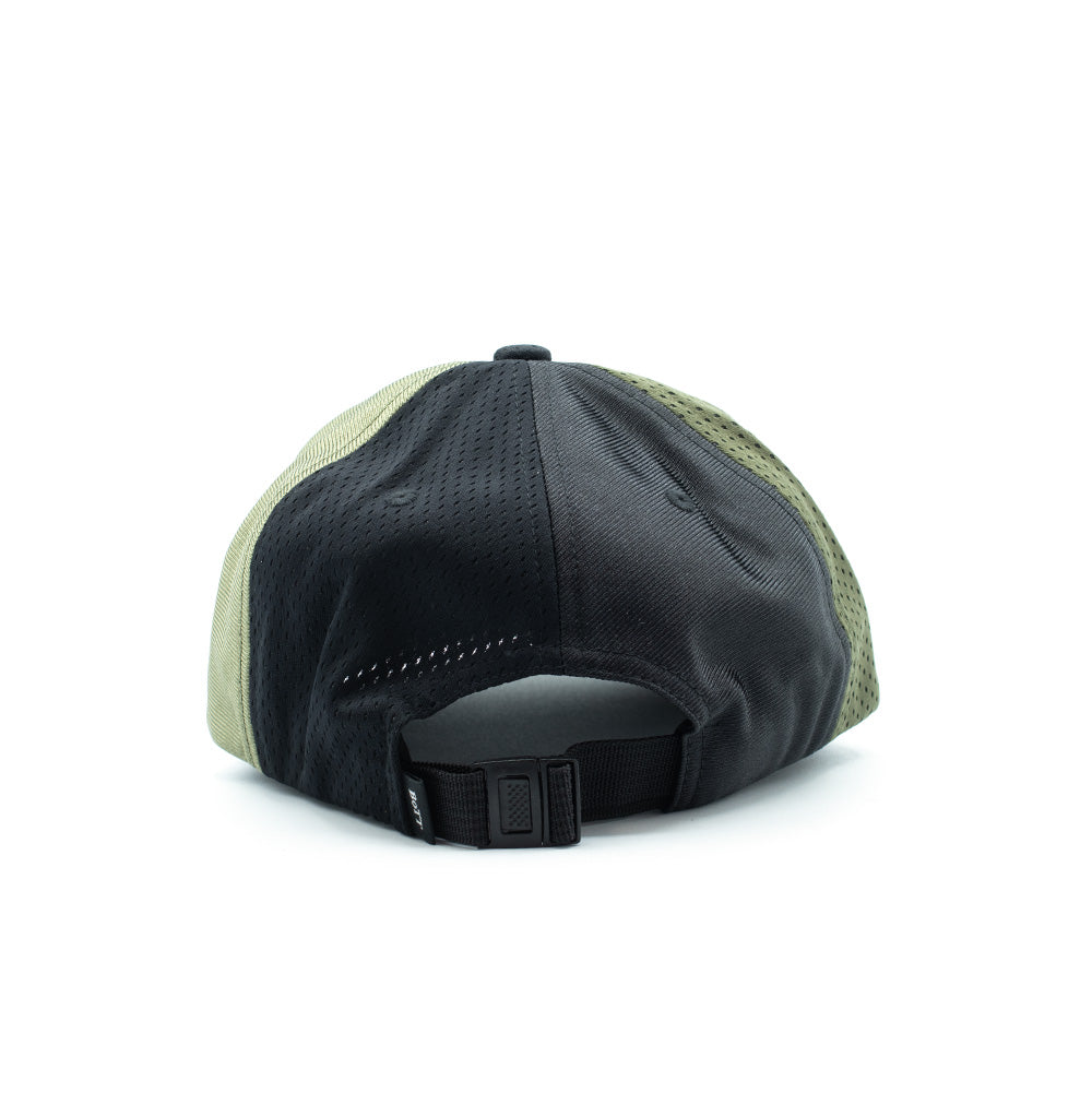 Rear studio perspective of the olive and black BoTT Mesh Paneled Cap, displaying the ventilated two-tone mesh panel construction, an adjustable black nylon webbing strap with plastic clip buckle closure, and a woven black "BoTT" logo flag tag stitched alongside the strap opening.