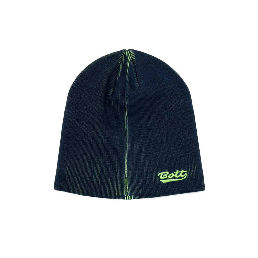 Front flat lay studio view of the BoTT Overprint Skullcap Beanie in dark navy blue, showcasing a cuffless close-fitting knit skull cap silhouette with vibrant neon green contrasting under-yarn visible along the vertical rib structure and top crown seams, finished with a lime green embroidered cursive "BoTT" script logo on the lower right edge.