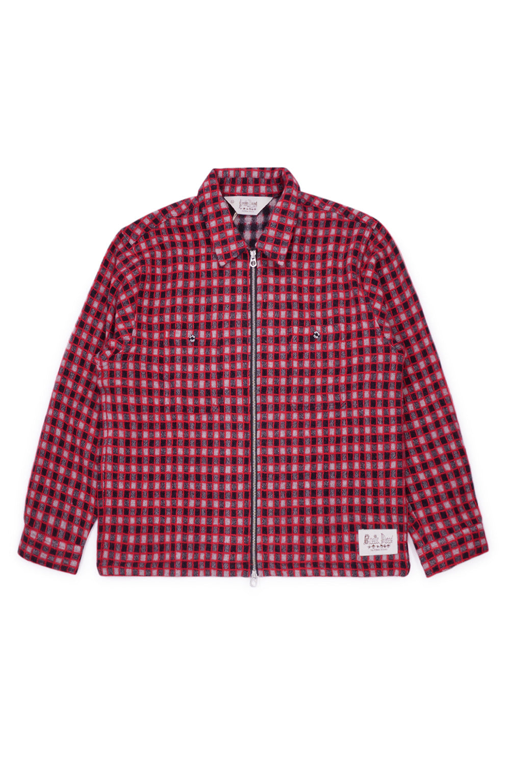 Brain Dead Check Mate Flannel Zip Shirt Black Red, wide-fit wool-blend flannel with raised check texture, YKK zipper, and logo patch detail.