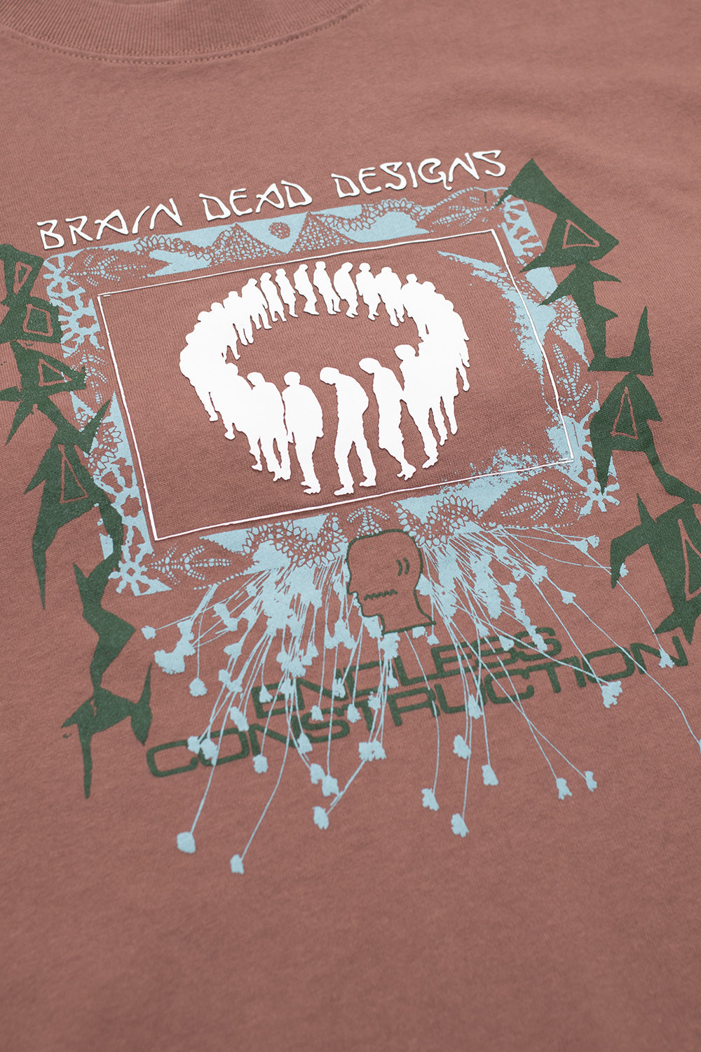 Unisex Brain Dead Endless Construction T-Shirt Nutmeg, 100% cotton Portuguese-made shirt featuring embossed chest graphic.