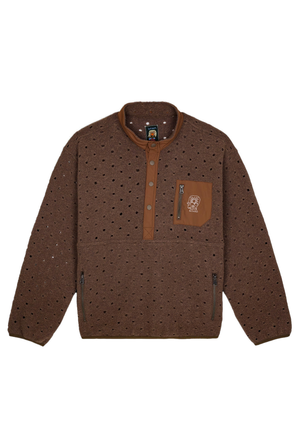 Brain Dead Hole Mock Neck Pullover Brown front view featuring oversized fit, laser-cut perforated wool fabric, snap button mock neck, embroidered chest logo, YKK zip chest pocket and zip side pockets