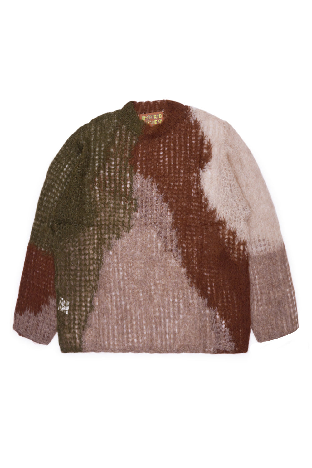 Brain Dead Organic Threadbare Sweater Olive front view featuring cropped wide fit silhouette, airy transparent alpaca knit construction and experimental color block design from the Los Angeles streetwear brand