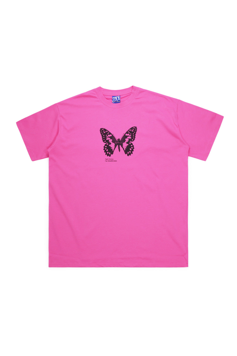 Bye Jeremy Butterfly T-Shirt in Pink featuring a heavyweight 100% cotton fabric, wide-fit silhouette, and black screen-printed butterfly graphic inspired by 90s skate culture.