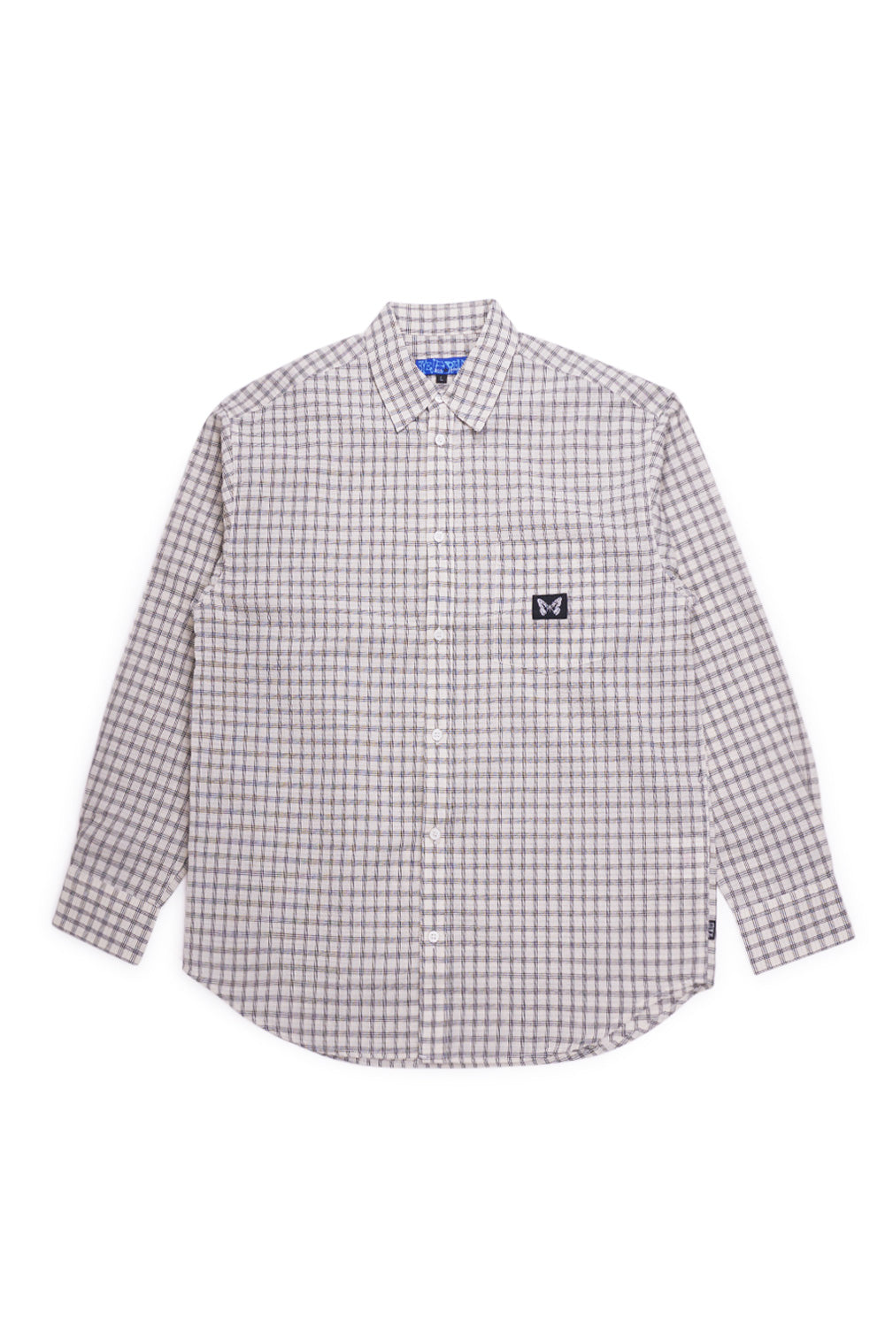 Bye Jeremy Supper Button Up Shirt in summit white with black checked pattern, featuring wide fit, chest pocket and embroidered butterfly logo patch, 100% cotton skate-inspired design.