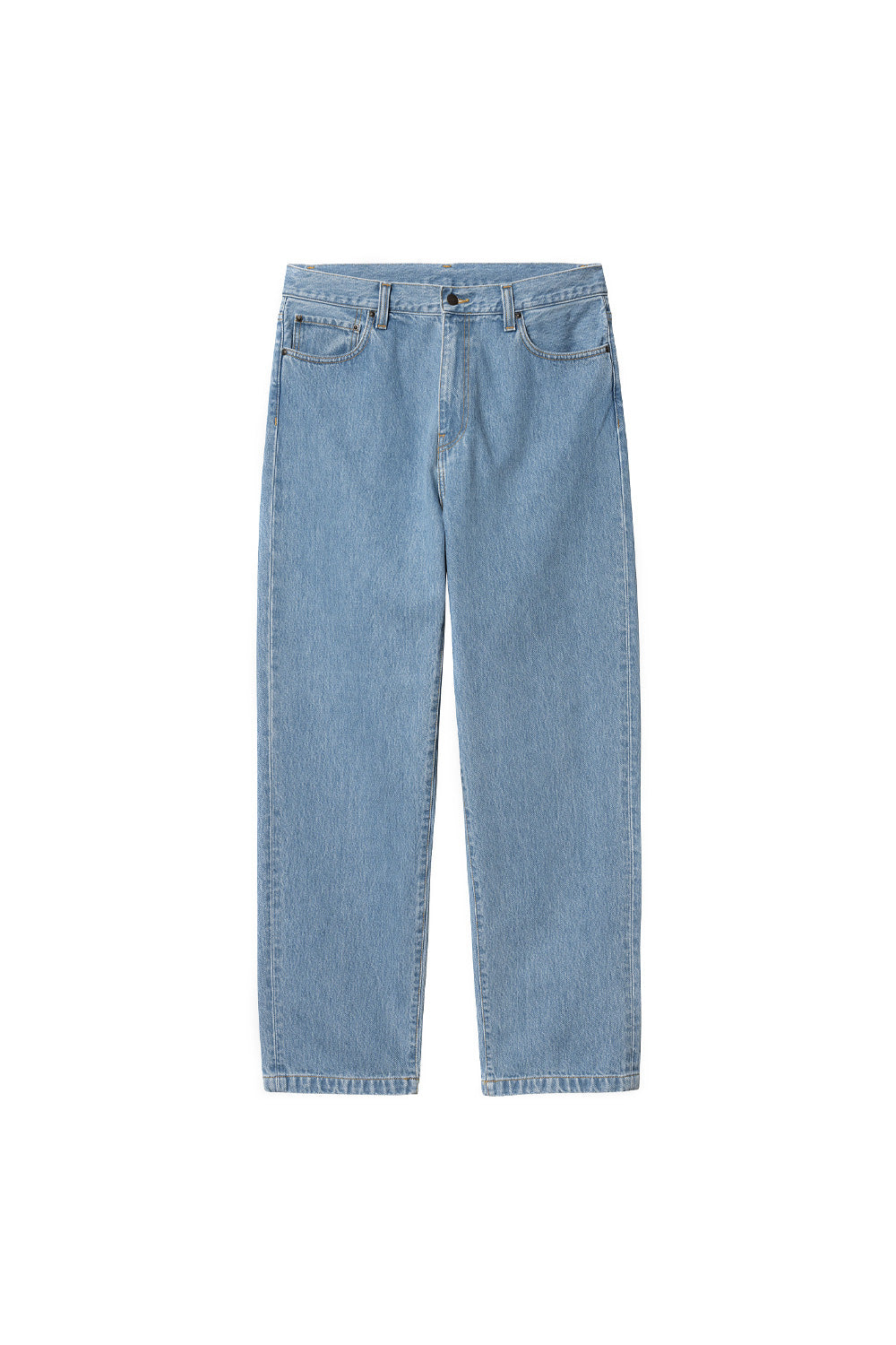 "Vorderansicht der Carhartt WIP Aaron Pant in Blue Stone Bleached – stylische Baggy-Passform mit Workwear-inspirierten Details und hellblauer Waschung"