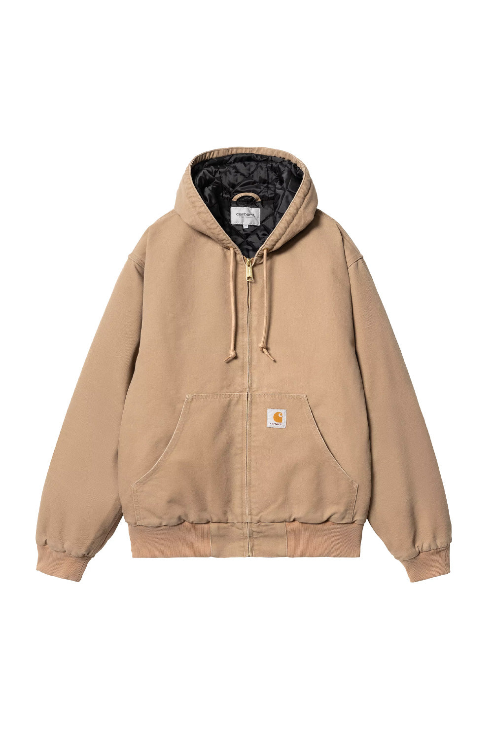 "Carhartt WIP OG Active Jacket in Peanut Aged Canvas – Vorderansicht der schweren Arbeitsjacke mit verstellbarer Kapuze und Kängurutasche"