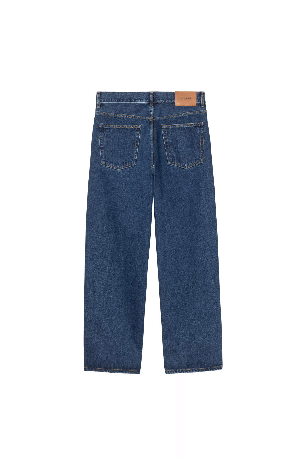 Rear flat lay view of the Carhartt WIP Payson Pant in Blue Stone Washed, featuring a straight-leg silhouette in mid-blue washed cotton denim, two reinforced back patch pockets with contrast tobacco stitching, belt loops, and an embossed tan leather Carhartt Work In Progress logo patch on the rear waistband.