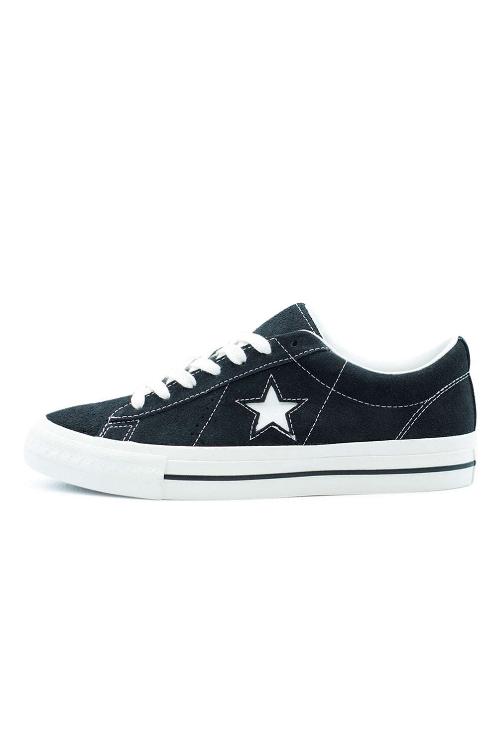 Converse One Star 95 OX Black Vintage White, unisex suede skate shoe reissuing the original 1995 silhouette with OrthoLite cushioning.