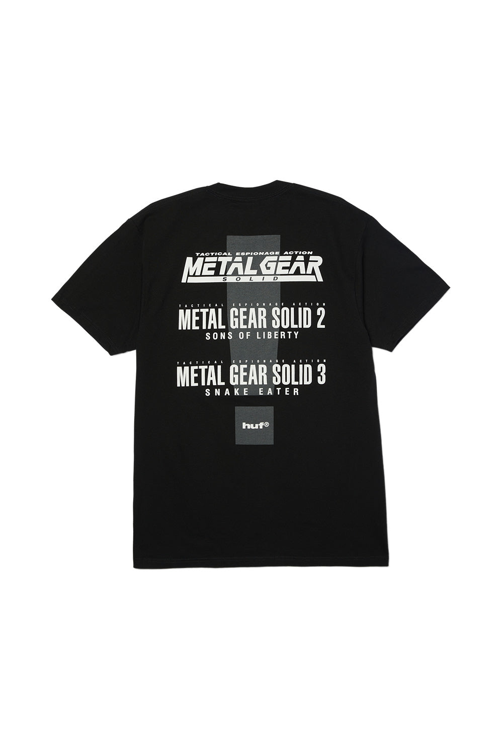Back view of HUF x Metal Gear Solid Legacy Collection T-shirt in black with Metal Gear Solid, MGS2 Sons of Liberty and MGS3 Snake Eater logos printed on premium cotton