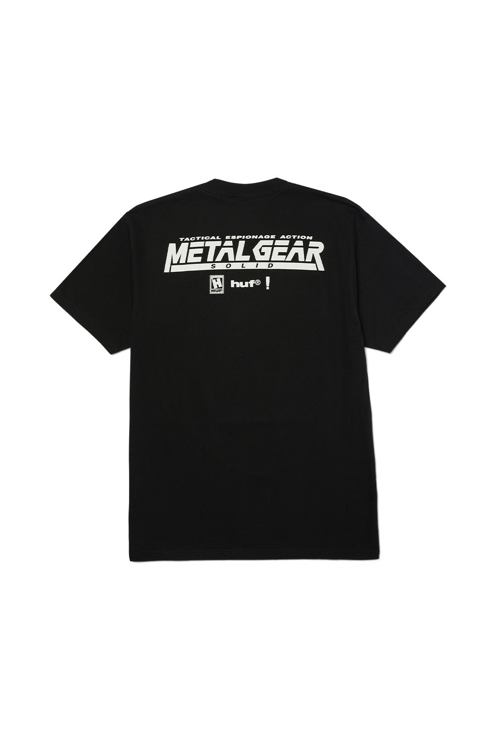 Black HUF Metal Gear Solid MGS1 graphic T-shirt showing iconic Solid Snake face artwork on chest, premium heavyweight cotton tee from HUF x Metal Gear Solid Legacy Collection