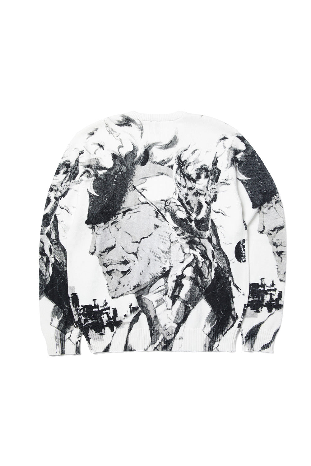 Back view of HUF x Metal Gear Solid Sons of Liberty sweater with all-over grayscale graphic, limited edition gaming streetwear crewneck in white