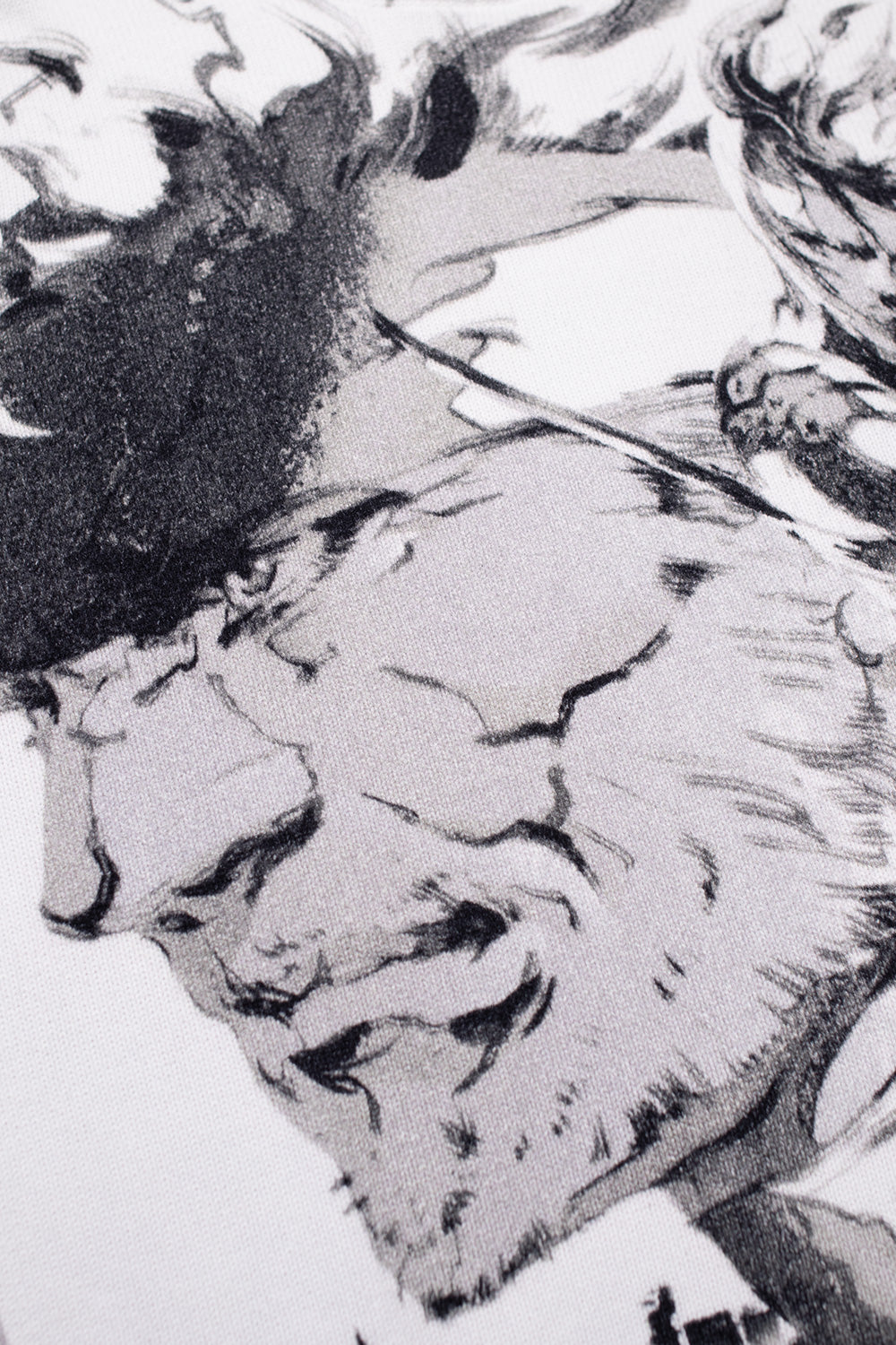 Close-up of digitally printed Metal Gear Solid 2 illustration on HUF sweater, showcasing detailed archival artwork on premium 100 percent cotton knit