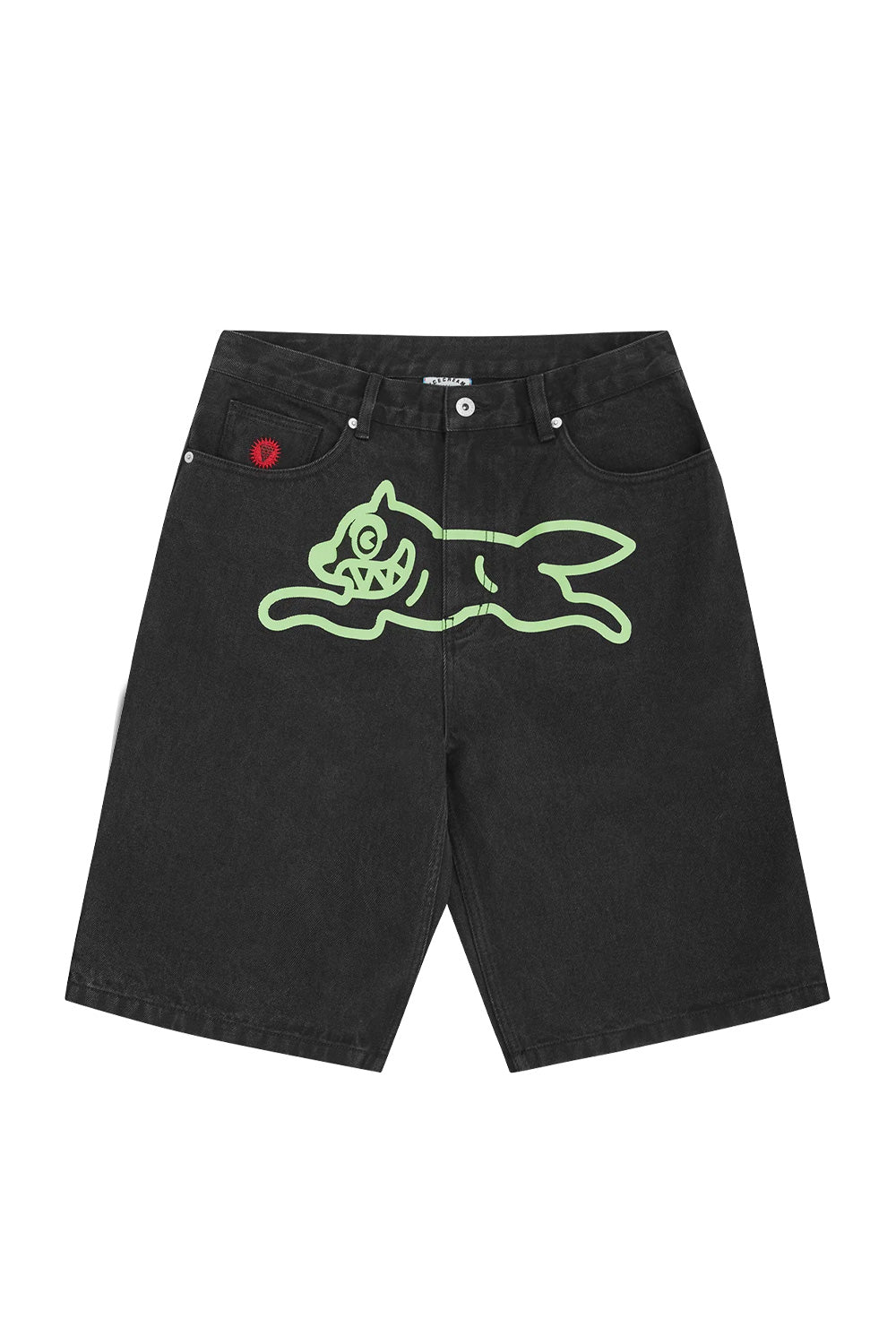 Ice Cream Running Dog Denim Shorts in black with green graphic print for streetwear