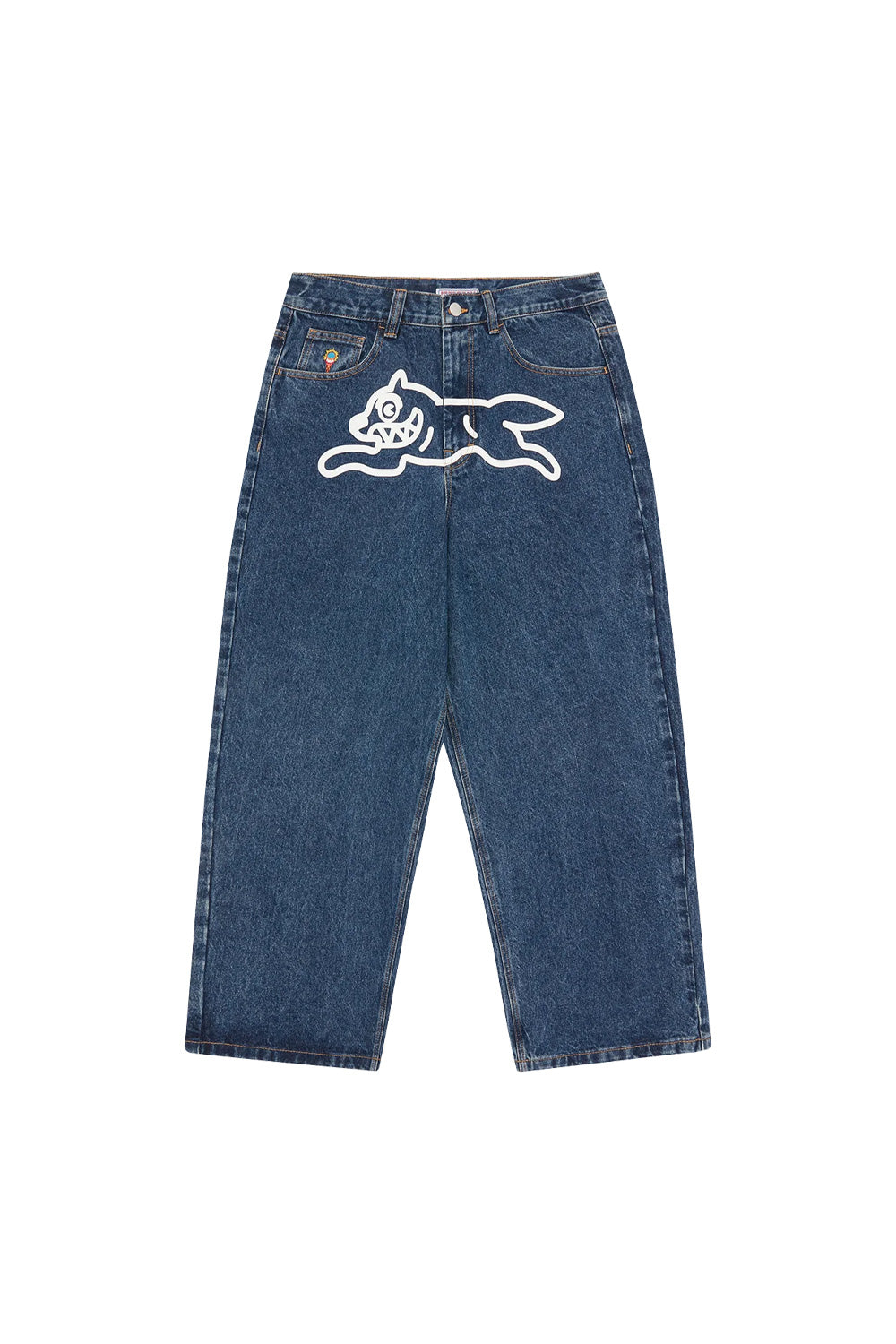 IceCream Running Dog Tripple Scoop Baggy Denim Pant Mid Wash Blue (White Print) - BONKERS