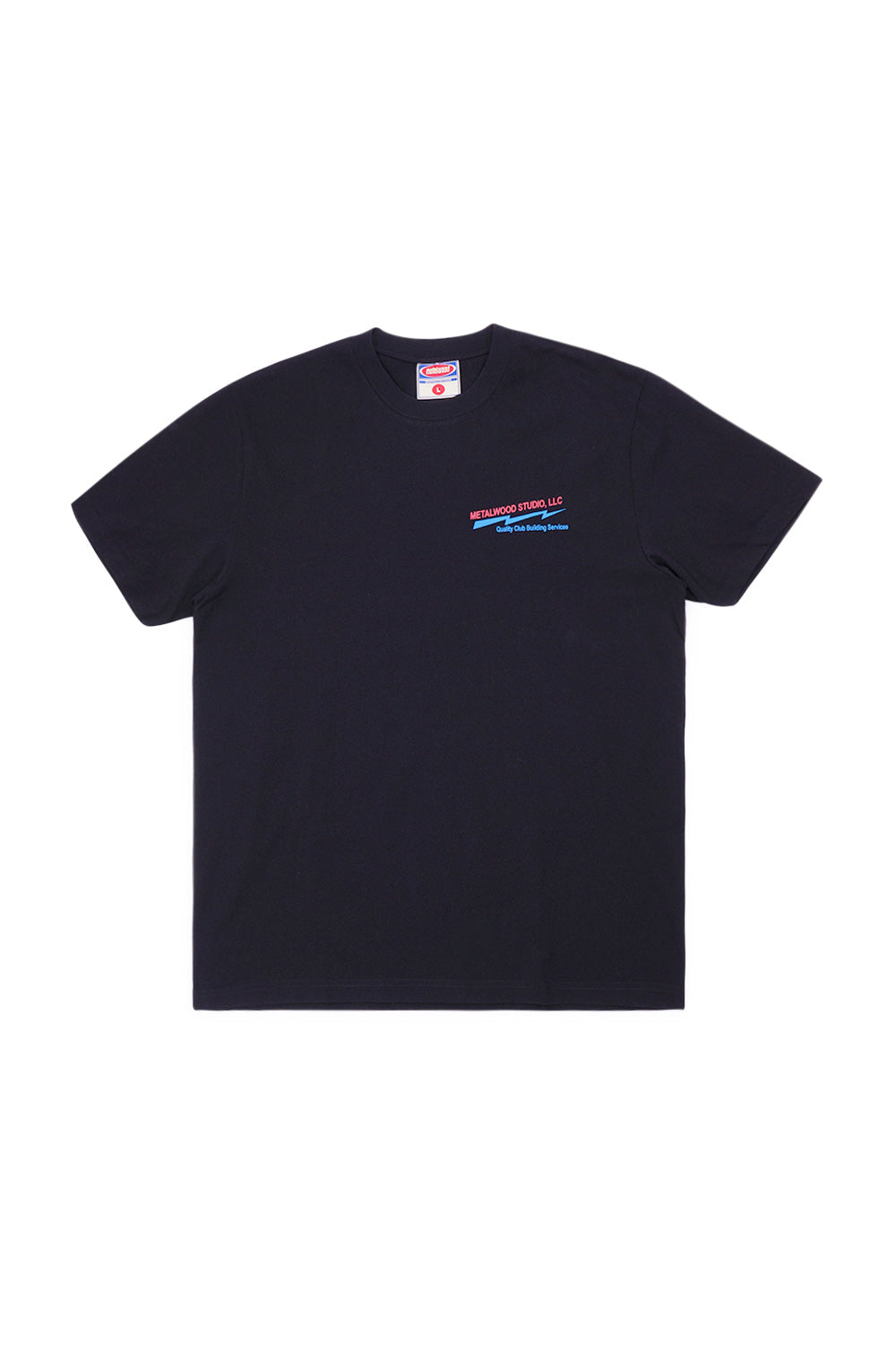 Men’s Metalwood Studio Club Building Black T-Shirt, oversized 100% cotton streetwear top inspired by golf and skate culture.