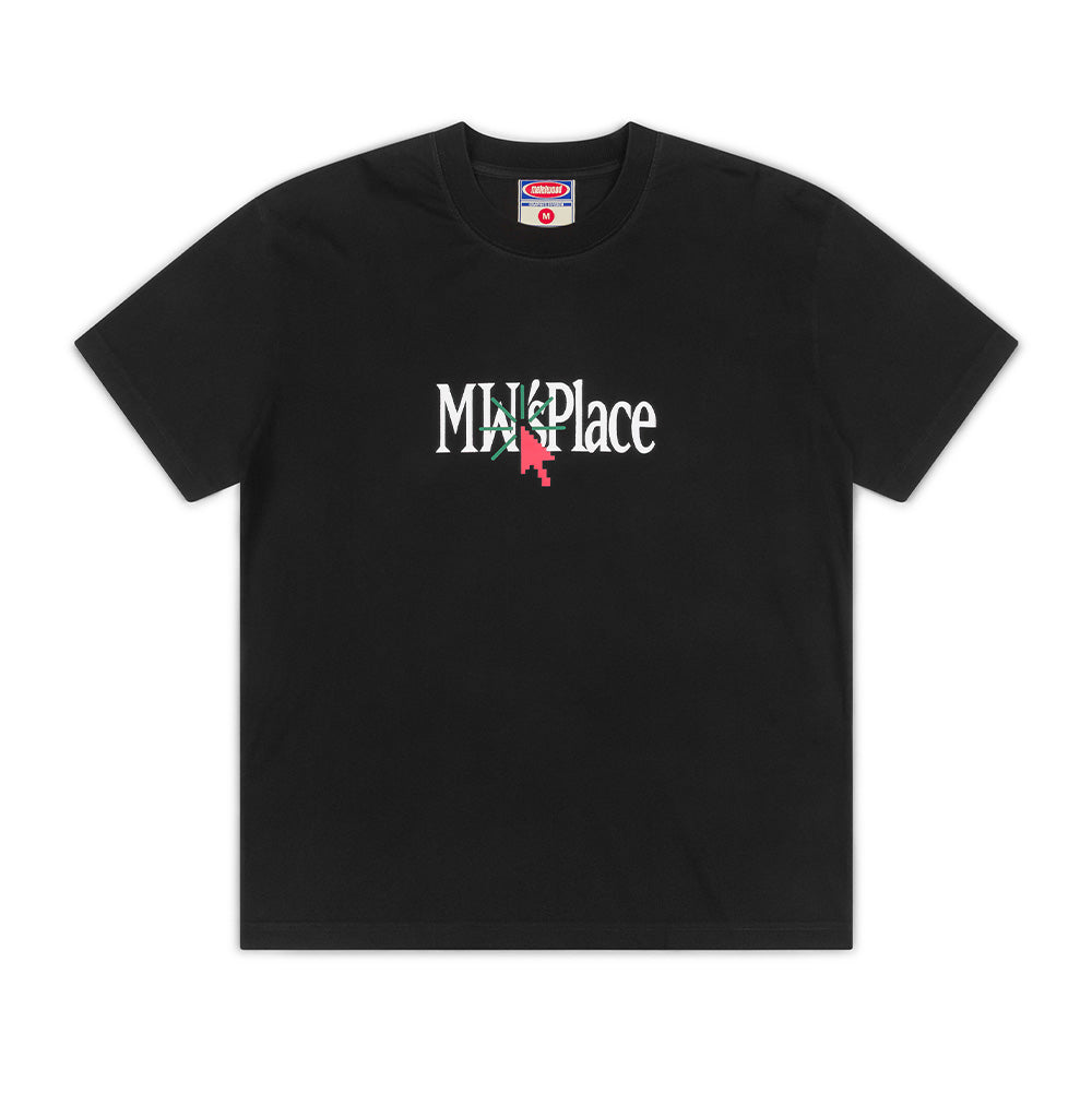 Front flat lay studio view of the Metalwood Studio MW Place T-Shirt in solid black, showcasing a boxy streetwear cut tailored from heavy cotton jersey, a ribbed crewneck collar with a red-and-blue vintage-style neck label, and a centered front graphic featuring bold white "MW Place" serif typography overlaid with a red 8-bit pixelated computer cursor and green click bursts.