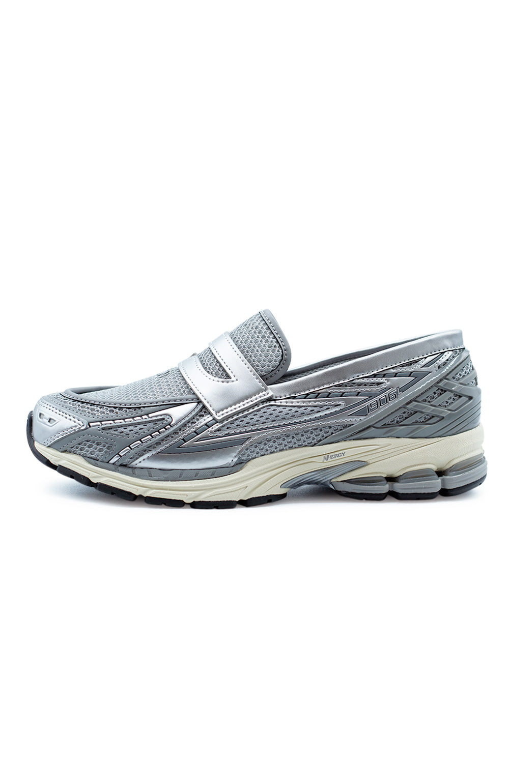 New Balance 1906L loafer sneaker in Silver, Shadow Grey and Turtledove featuring breathable mesh upper, metallic synthetic overlays and performance-inspired midsole design.