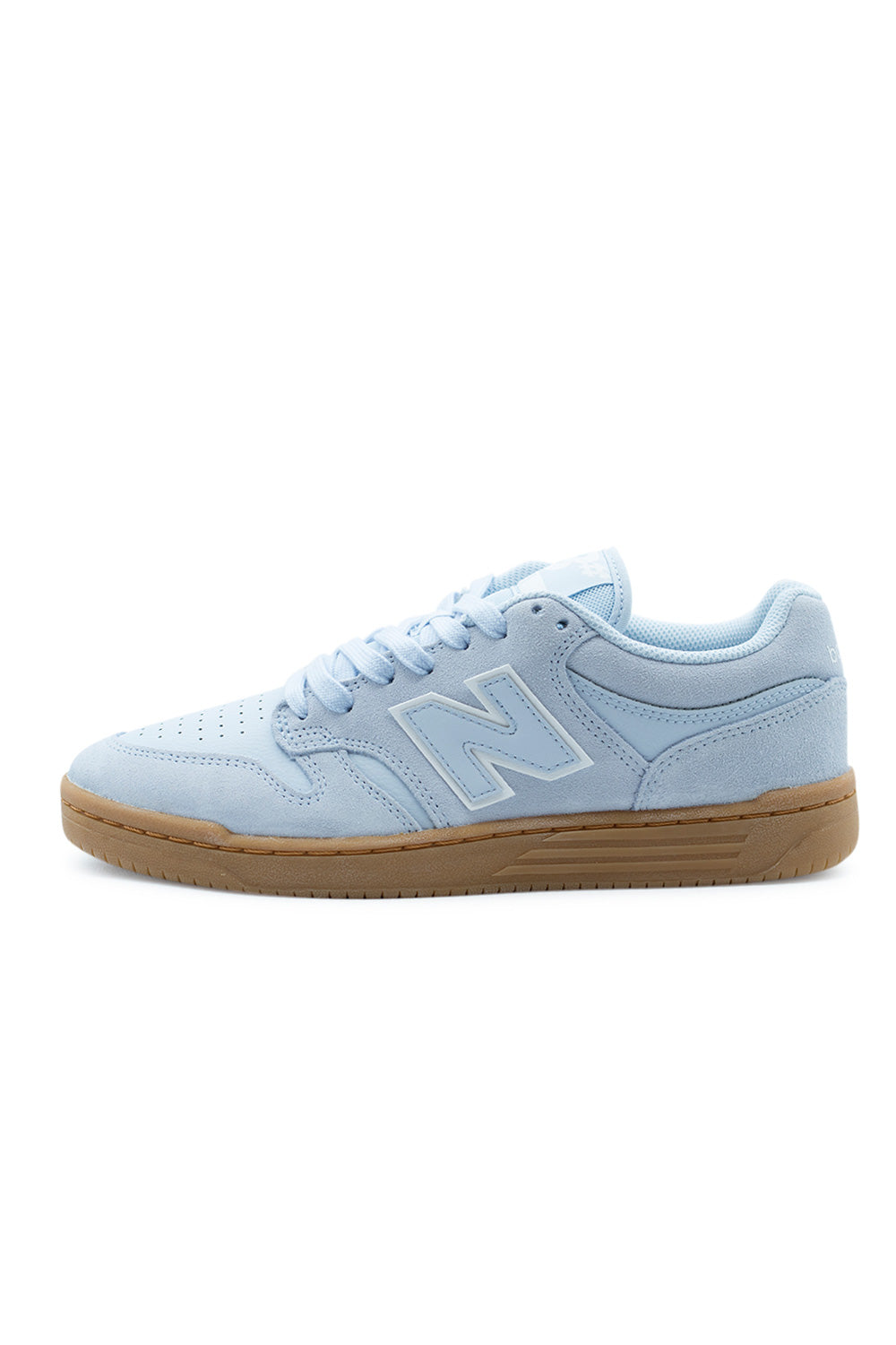 New Balance Numeric 480 Oxford Blue White skate shoe side view featuring classic basketball-inspired silhouette, reinforced suede upper and durable gum rubber cupsole for skateboarding
