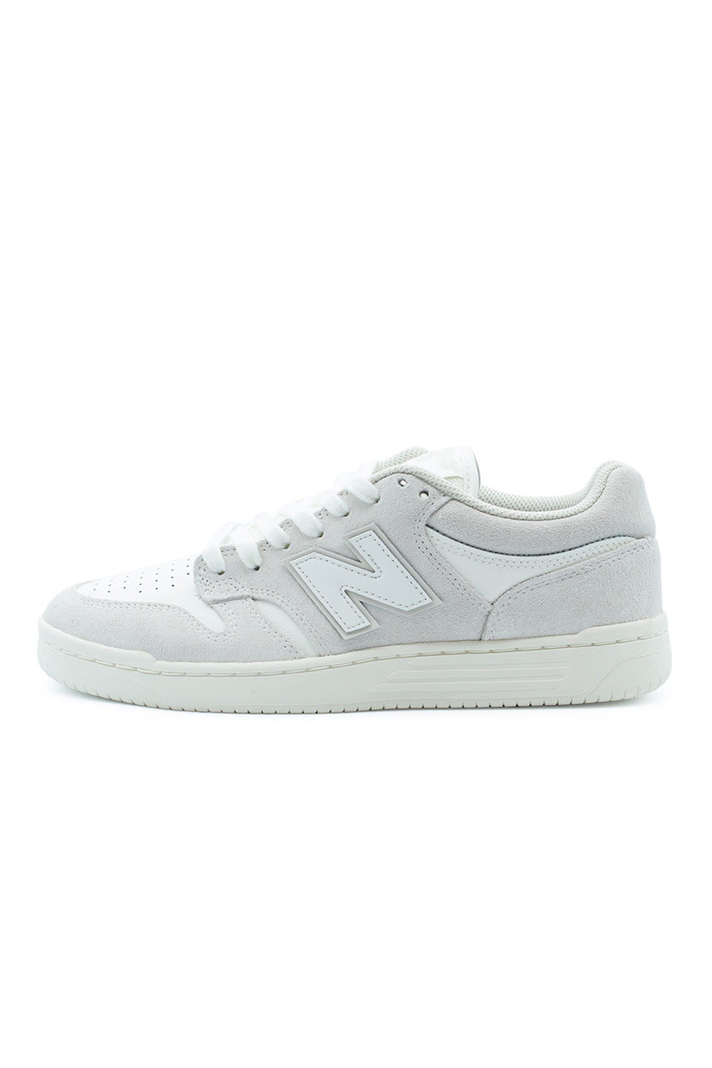 Side view of New Balance Numeric 480 Sea Salt sneakers featuring FuelCell cushioning, durable suede leather construction and classic court style design