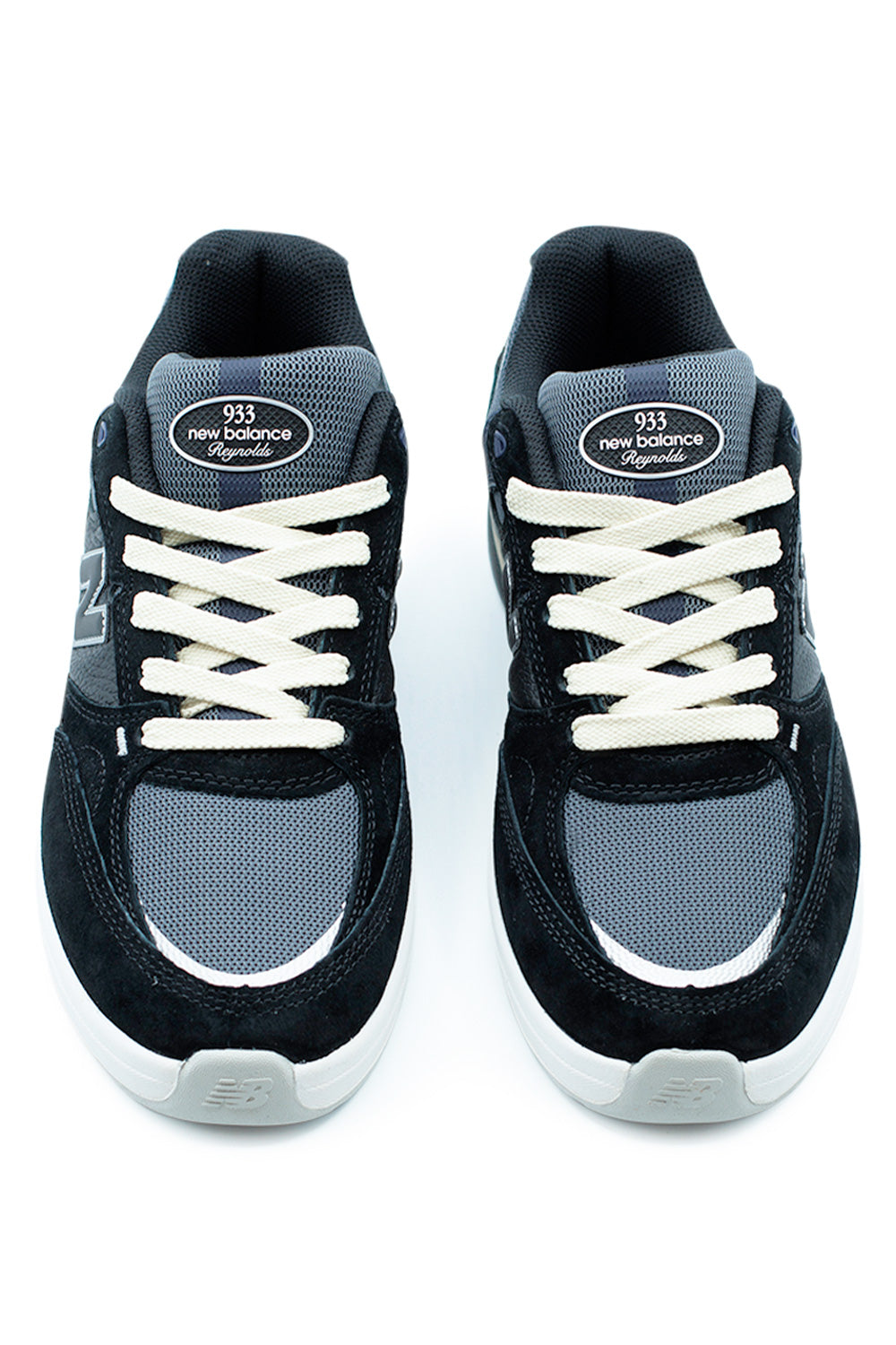 Front view of New Balance Numeric 933 Andrew Reynolds skateboarding shoes in Black Eclipse featuring breathable mesh toe box and premium leather overlays