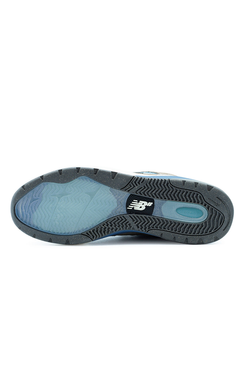 Bottom view of New Balance Numeric 933 Andrew Reynolds shoe in Mushroom Still Water with grippy rubber outsole, traction pattern and ABZORB cushioned midsole for skateboarding