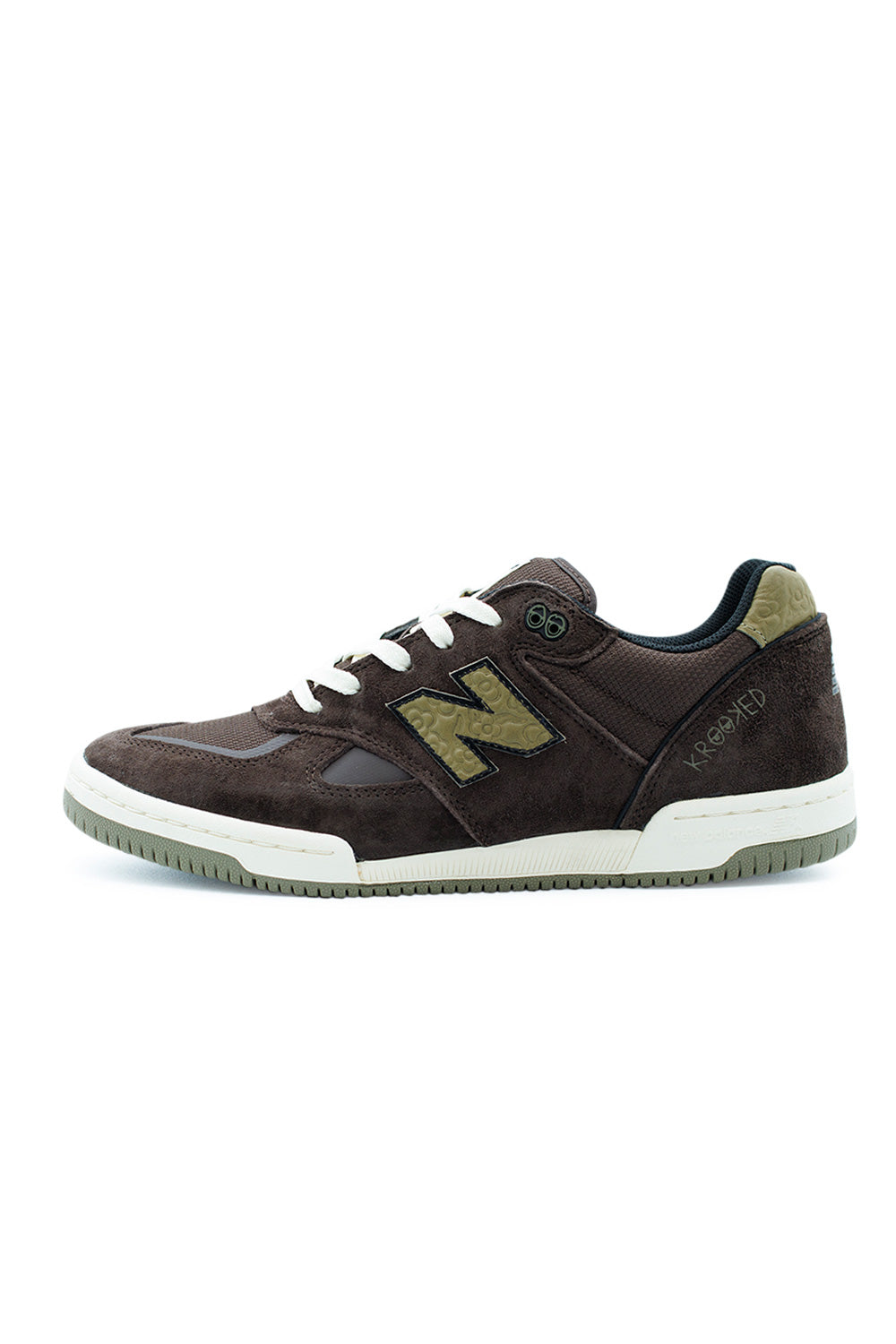 New Balance Numeric x Krooked Tom Knox 600 limited edition men’s skate shoe with brown suede, mesh inserts, and FuelCell cushioning.