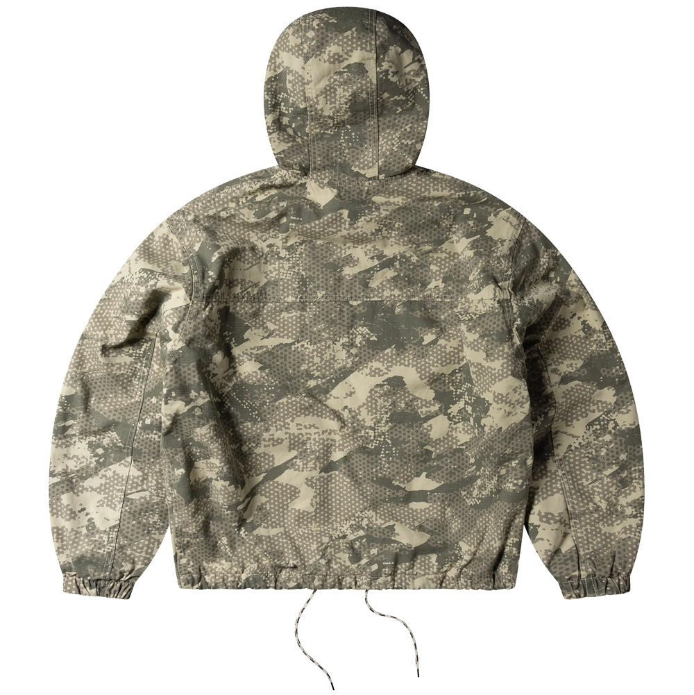 Back flat lay studio perspective of the Aries No Problemo Forest Ripstop Work Jacket in Sand, highlighting the seamless desert camo pattern drape across the panelled hood, dropped shoulders, straight back yoke seam, and gathered elasticized waist hem with hanging drawcords.
