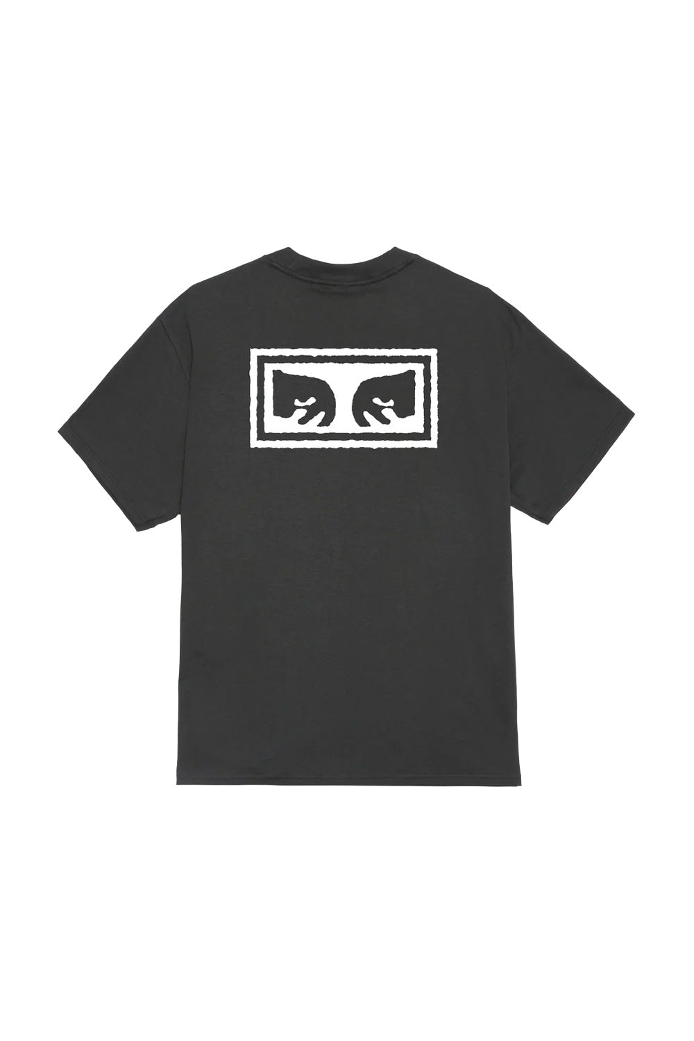 Back view of the washed vintage black Obey Eyes 3 T-Shirt, crafted from heavy 8oz 100% cotton jersey with a loose boxy fit, showcasing a large white screen-printed Shepard Fairey Giant Eyes box icon graphic across the upper back.