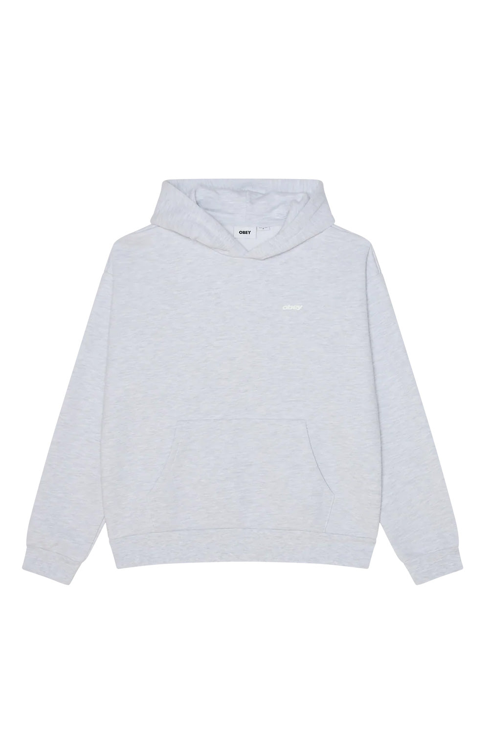 Front view of the loose fit ash grey Obey Intercontinental Extra Heavy Hooded Sweatshirt, featuring a crossover double-layer hood without drawstrings, a spacious kangaroo pouch pocket, and a subtle white Obey text logo printed on the left chest.