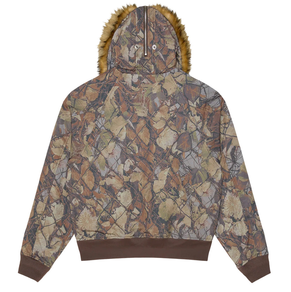 Back flat lay view of the Obey N-2B Short Parka in Fence Camo, displaying the raglan sleeve pattern and diamond-quilted back panel, heavy brown ribbed hem, and the functional split zip hood feature with a center zipper running through the camo exterior and faux fur trim.
