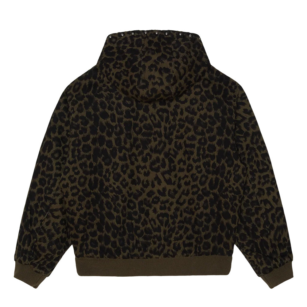 Back flat lay view of the Obey Studded Zip Up Jacket in Dark Leopard, displaying the full-coverage spotted leopard camouflage pattern across the back panel, raglan-style shoulder construction, ribbed waistband, and a decorative line of round metal domed studs bordering the back rim of the hood.